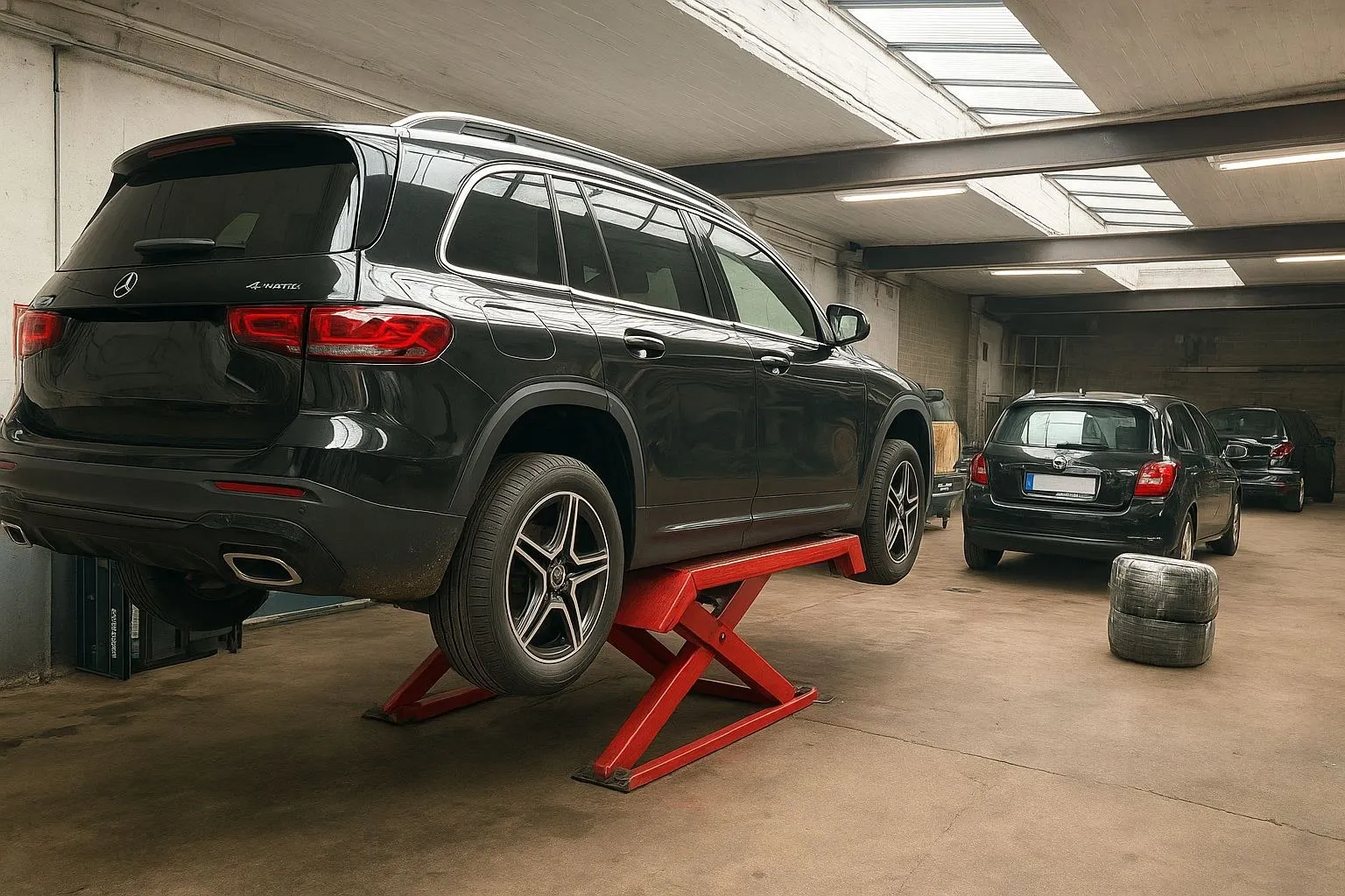 Mercedes sur pont service pneus garage Zaventem