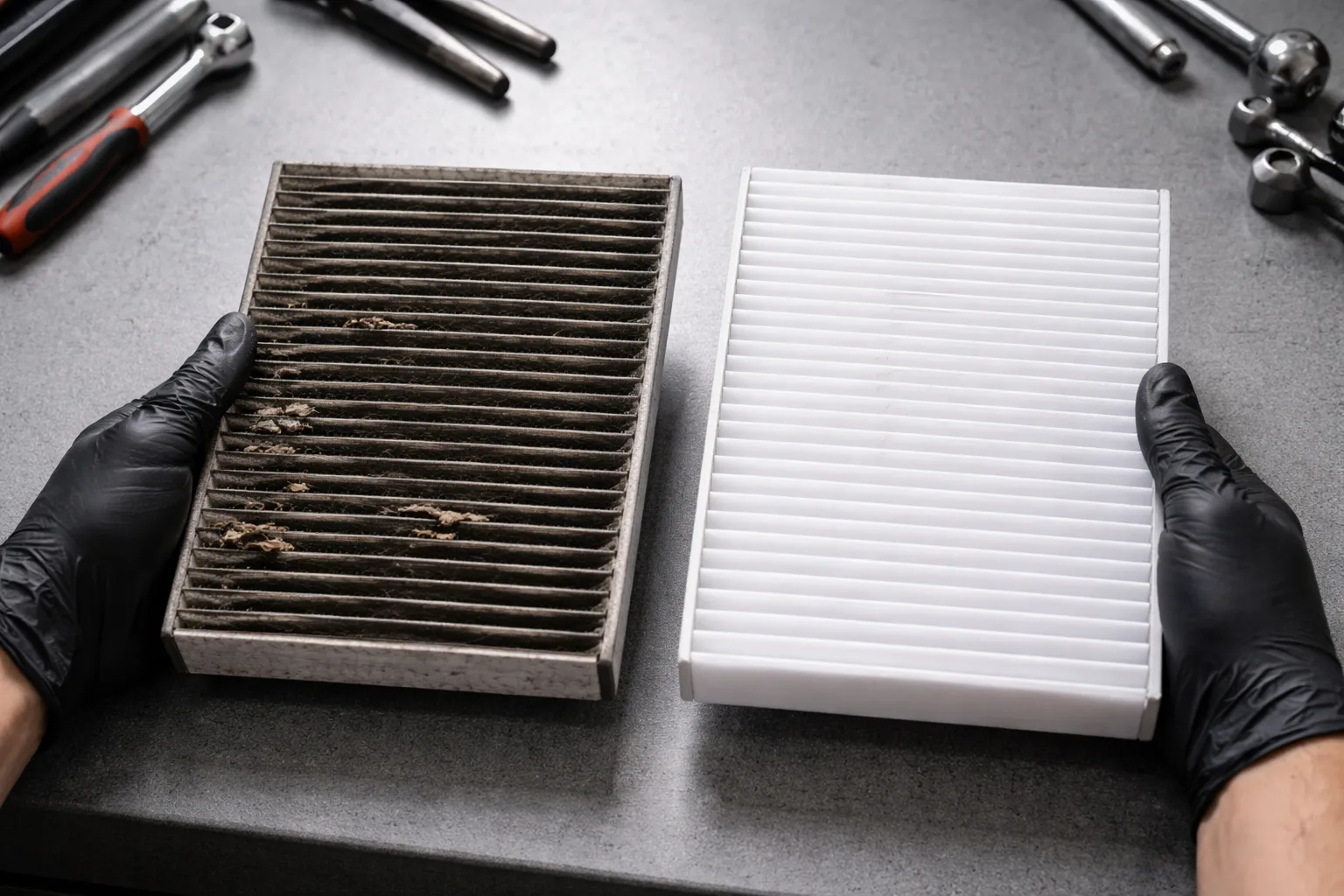 Comparaison filtre sale vs filtre neuf vidange Zaventem